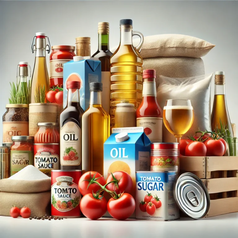 DALL·E 2024-10-03 05.23.16 - A realistic image showing various food products such as bottles of oil, cans of tomato sauce, and bags of sugar